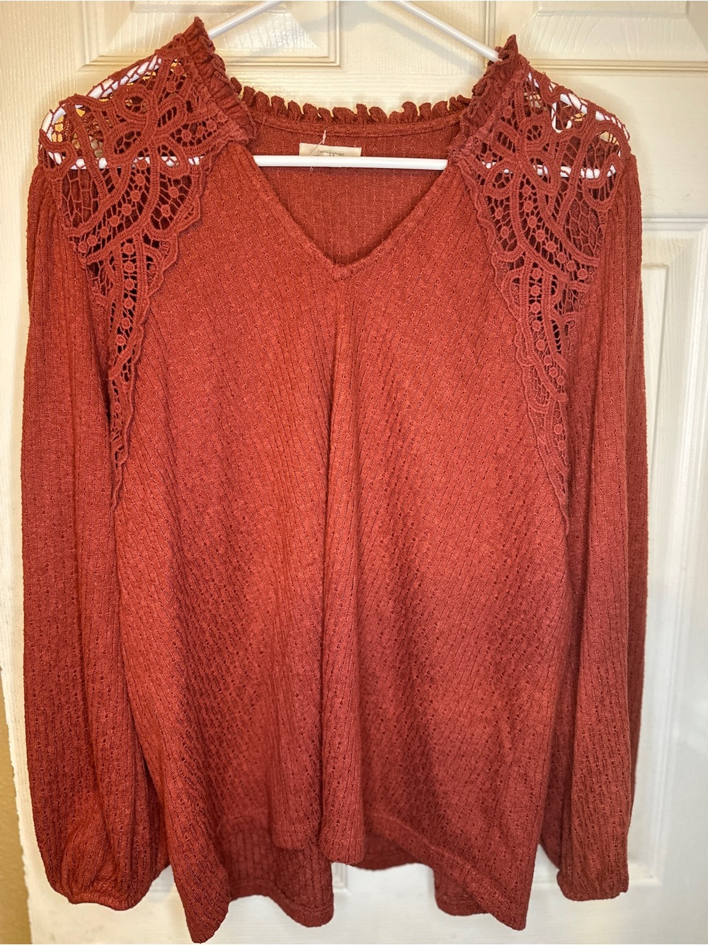 Maurices Rust Lace-Shoulder V-Neck Long Sleeve Top
